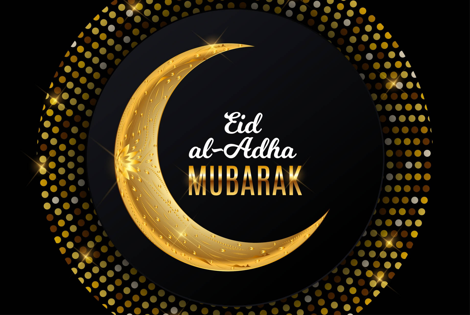 金色新月與Eid al-Adha Mubarak文字，周圍環繞閃爍金點。