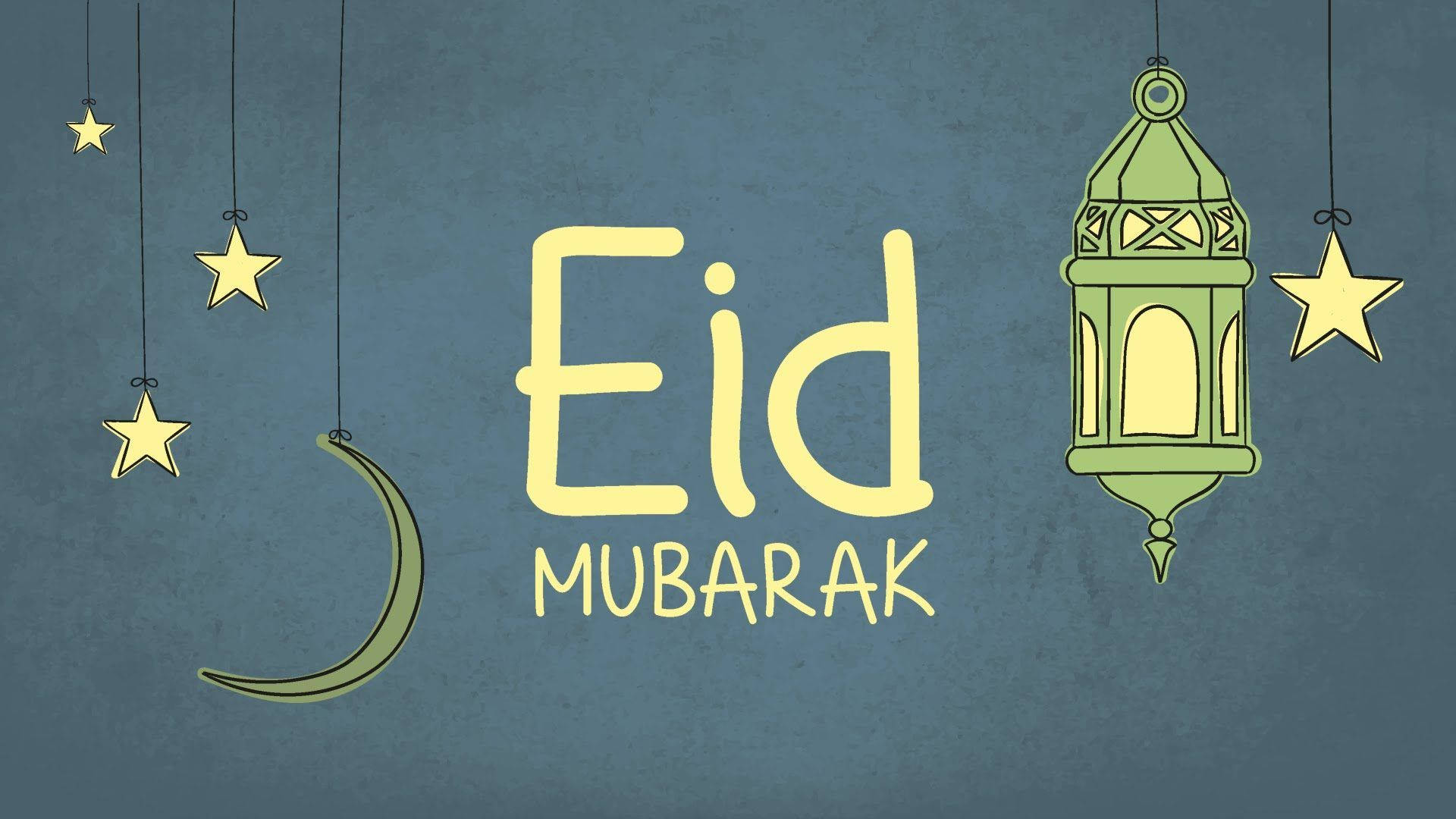 藍色背景上帶有懸掛燈籠星星和新月的Eid Mubarak祝福。