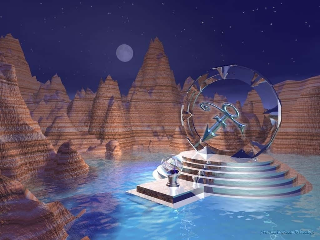 未來主義的銀色錨雕塑，位於夜晚的沙漠峽谷中，有月亮和星星。