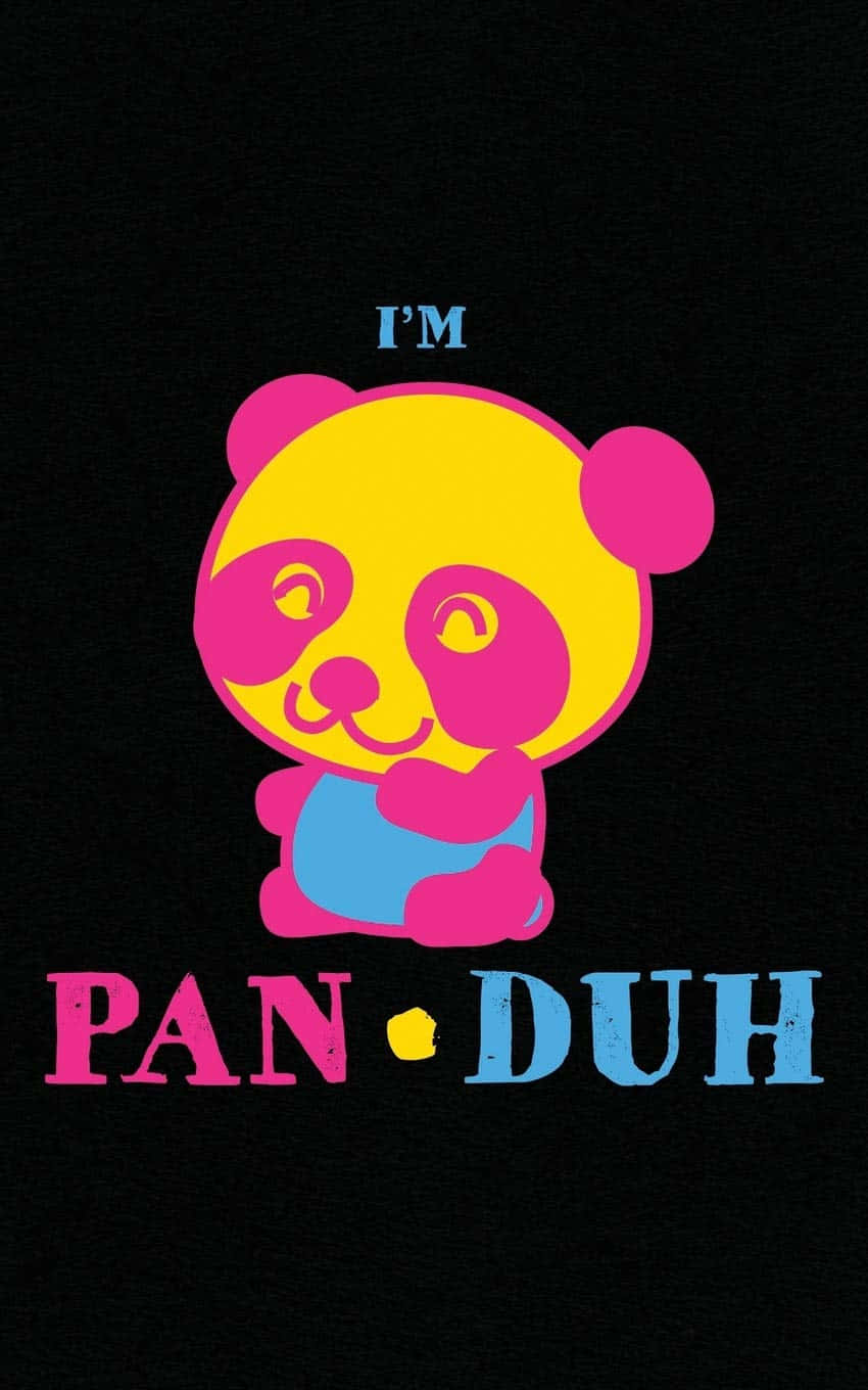 一隻色彩繽紛的卡通熊貓，黑色背景上寫著 I'M PAN DUH。
