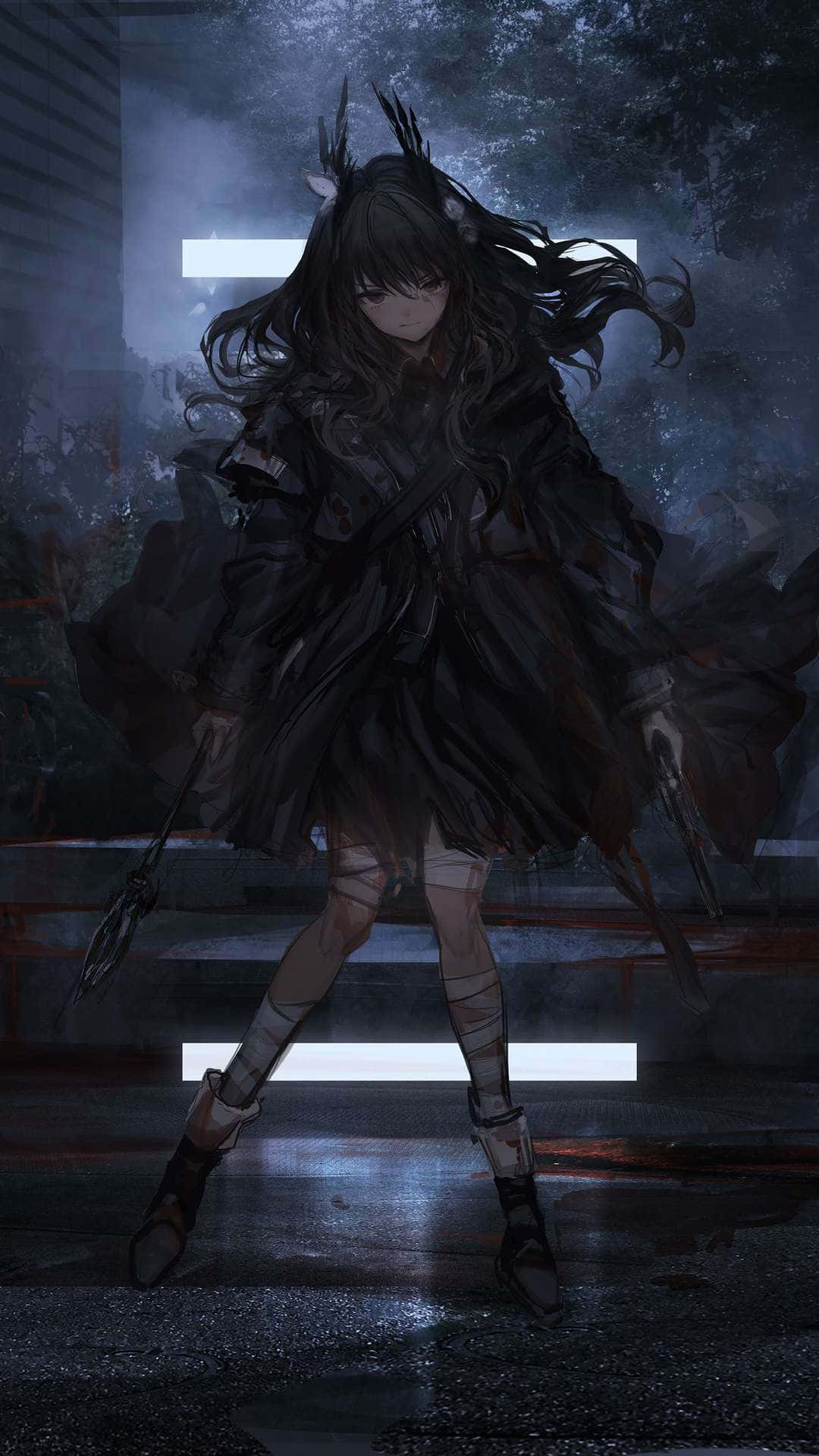 長黑髮和武器的動漫女孩站在雨中霓虹燈照亮的小巷裡。