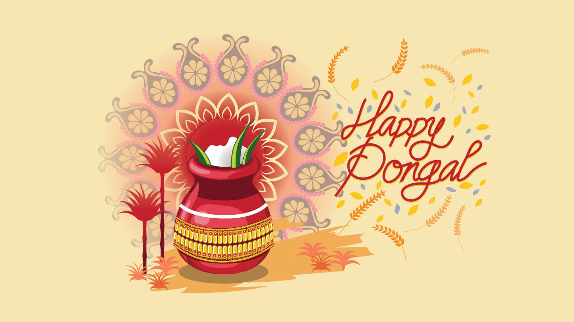 慶祝龐甘節，迎接豐收季節！ 壁紙 — 一幅節日插畫慶祝Happy Pongal，一個紅色鍋子裝滿米飯和蔬菜，在溫暖圖案背景上溢出。