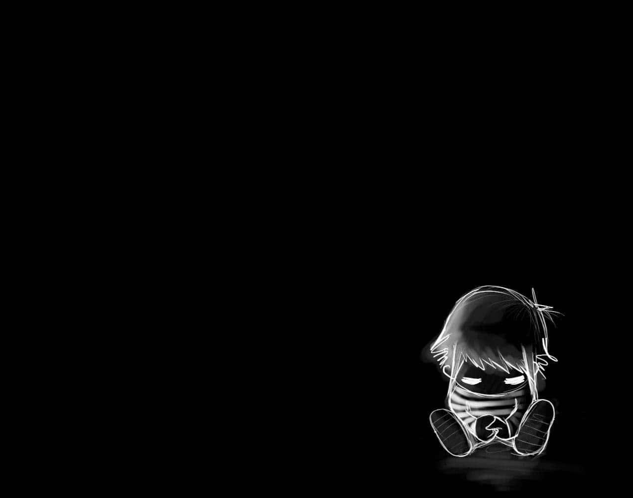 憂傷 emo 女孩繪畫背景 壁紙 — 一個孤獨的Q版動漫角色在黑暗中蜷縮著，眼睛發光，臉上纏著繃帶。