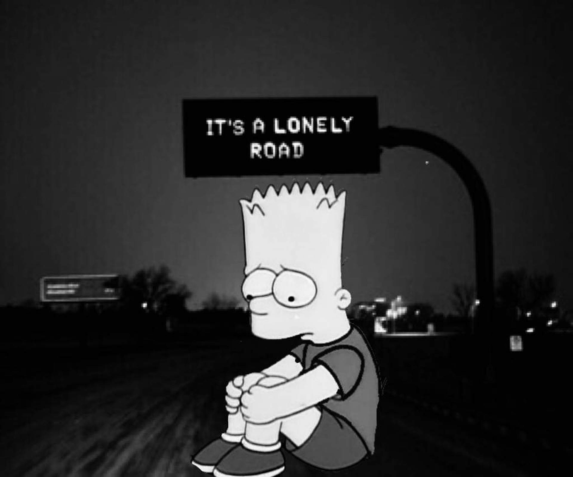 巴特·辛普森獨自坐在黑暗的道路上，下方有一個寫著「IT'S A LONELY ROAD」的標誌。