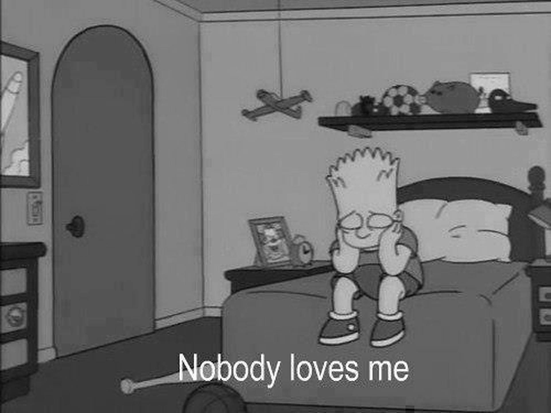 巴特·辛普森坐在床上，表情悲傷，帶有文字nobody loves me