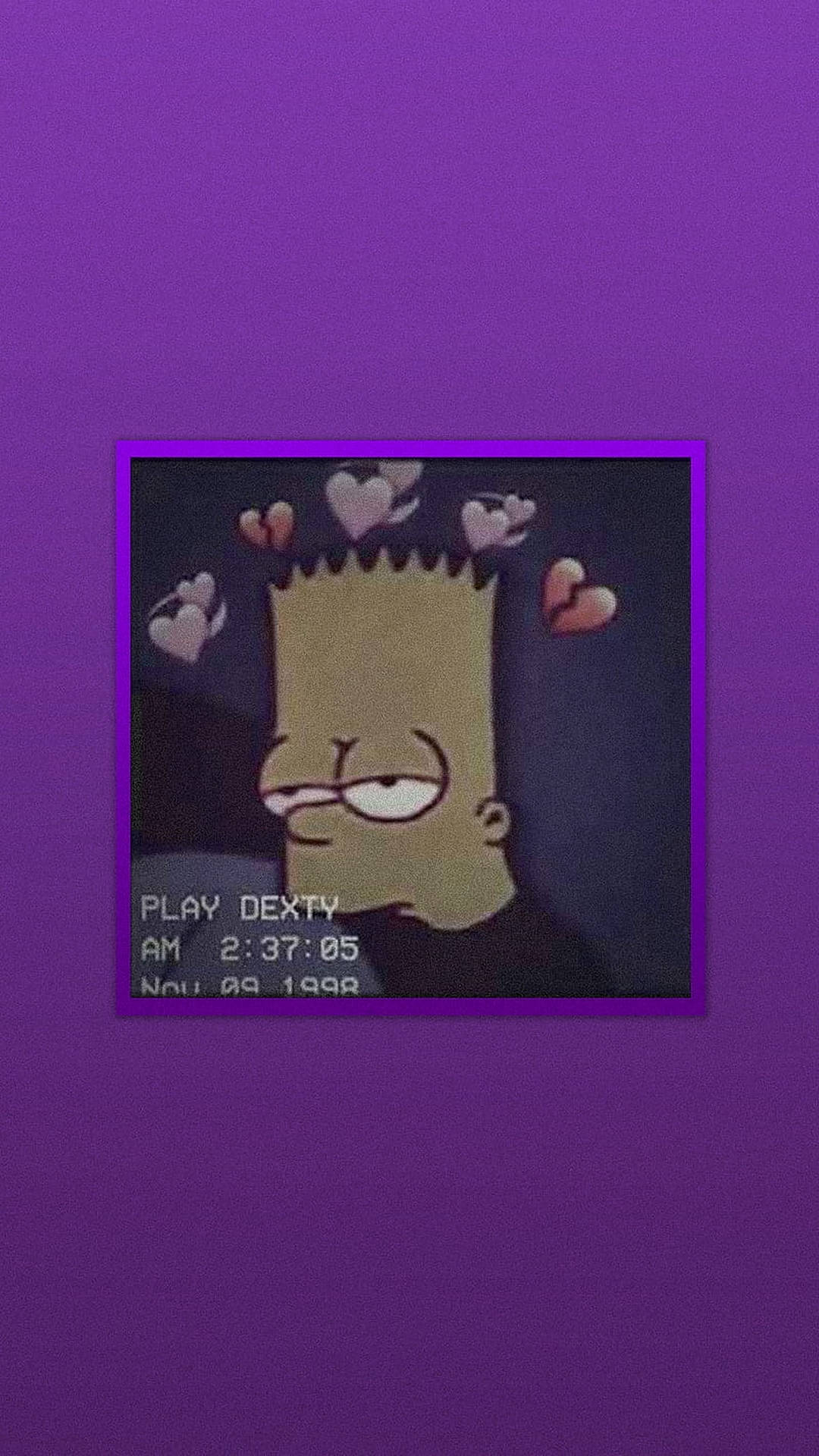 Bart Simpson 在紫色故障背景上漂浮的心形圖案。