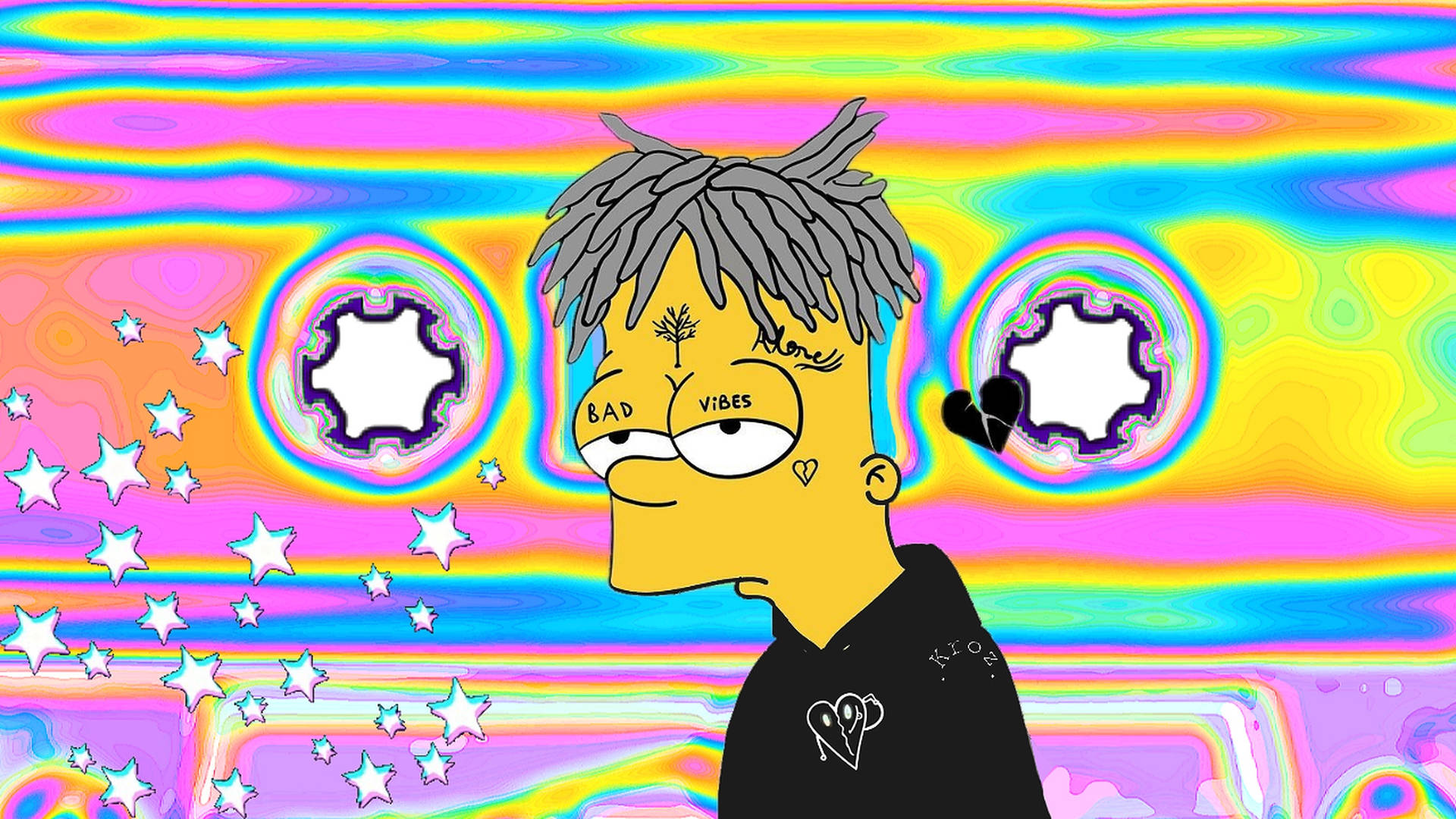 卡通角色，灰色辮子，臉上紋有「BAD VIBES」，站在帶有星星的迷幻彩虹背景前。
