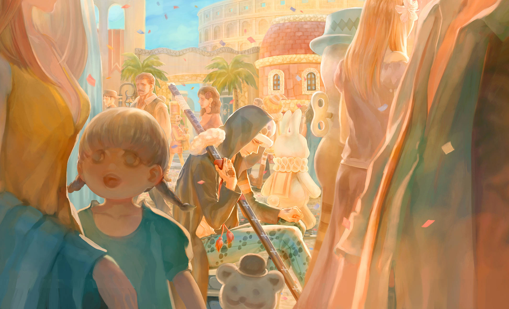憂傷特拉法爾加·羅《海賊王》水彩畫 壁紙 — 一個充滿活力的動漫場景，前景有一位年輕女孩，在溫暖陽光下，一個節日氣氛的地中海小鎮中有各種角色。