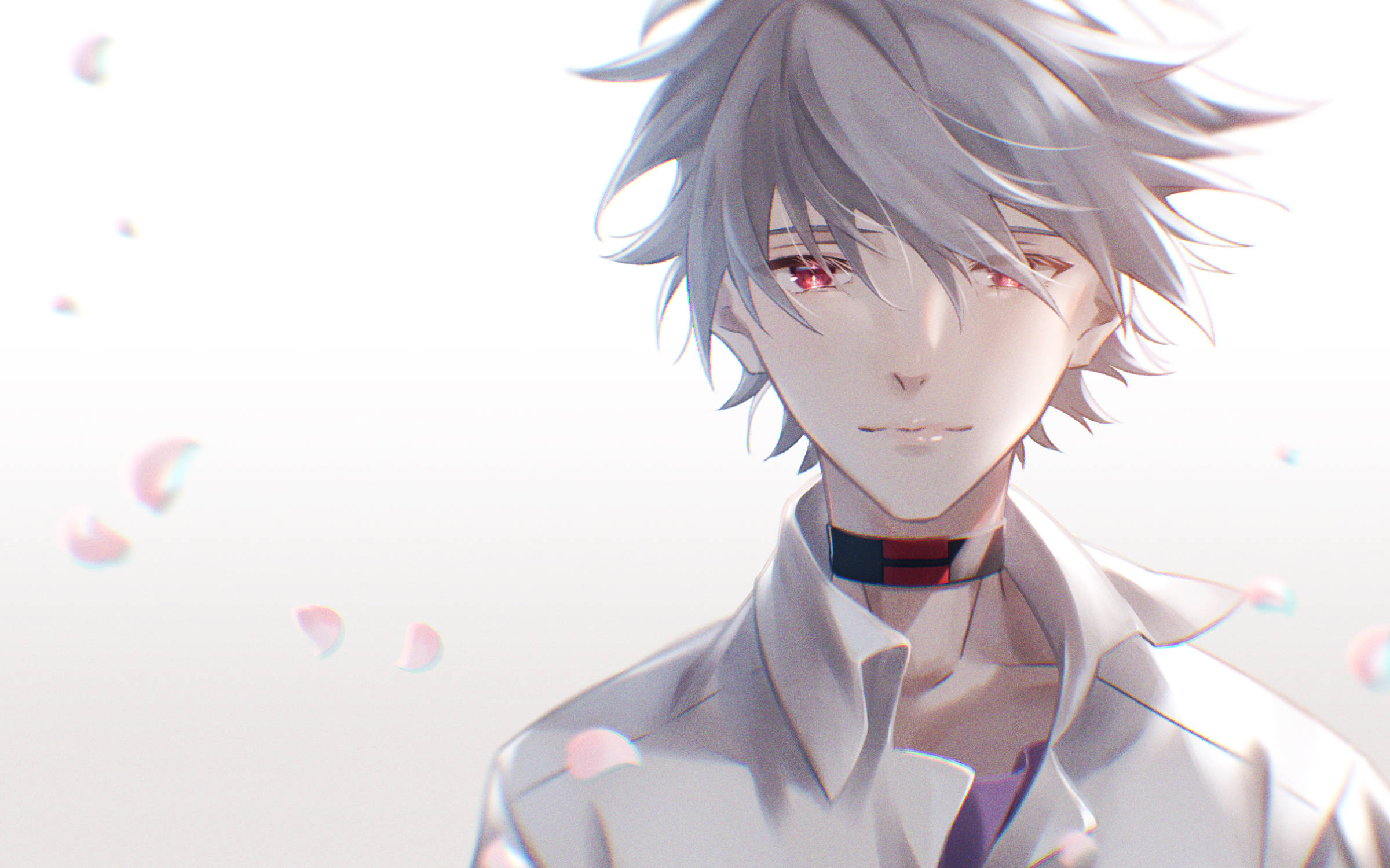 憂鬱 Kaworu Nagisa NGE 藝術 壁紙 — 一位銀髮紅眼的寧靜動漫男性，在明亮的白色空間中，粉紅花瓣飄落在他周圍，他溫柔地凝視著。