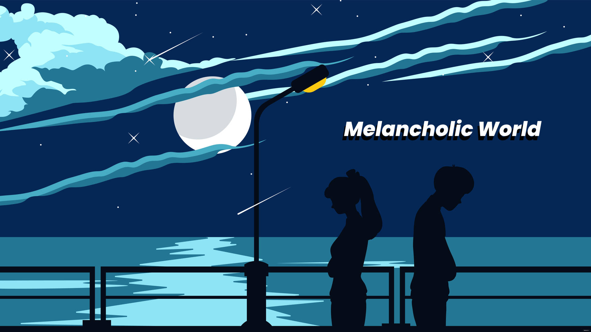 兩個人獨自站在碼頭上，背景是月光照耀的天空，有星星和流星。