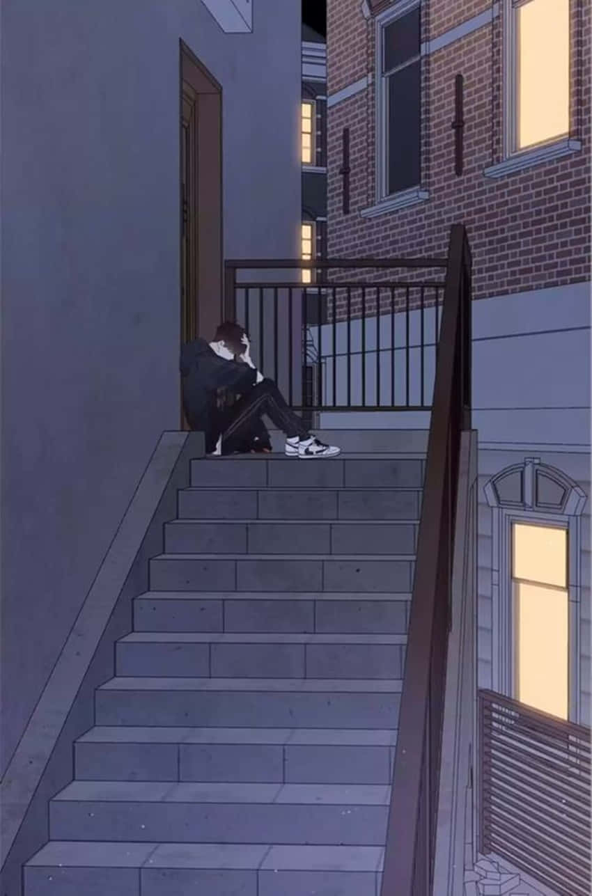 夜晚獨自坐在城市樓梯上的人，附近有發光的窗戶。