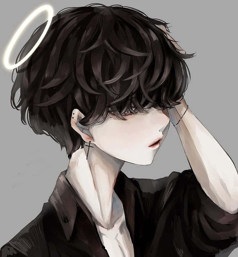 憂鬱動漫男孩的沉思 壁紙 — 一個憂鬱的動漫男孩，深色頭髮，頭上有光環，低頭凝視，手放在頭上，背景是純灰色。
