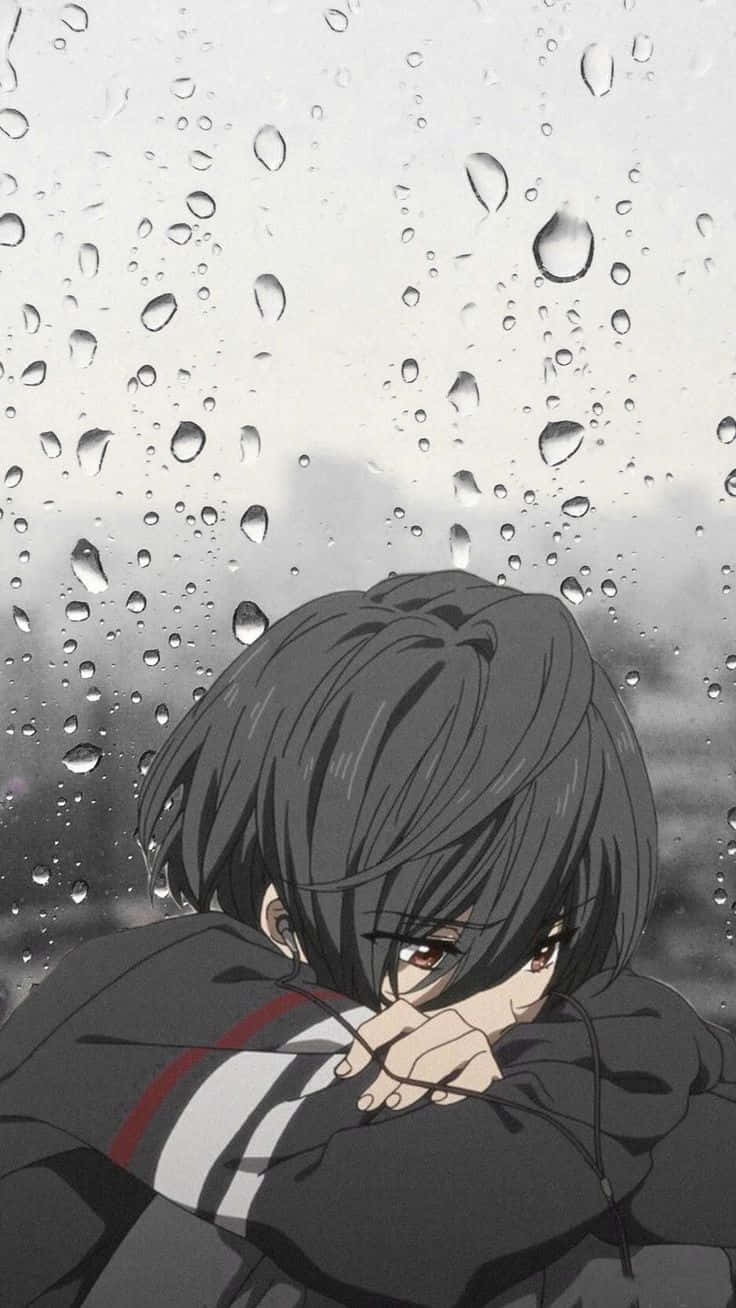 憂鬱動畫 Ikuya Kirishima《Free!》雨中哭泣 壁紙 — 一個深色頭髮的憂鬱動漫角色在佈滿雨點的窗後將頭靠在膝蓋上。