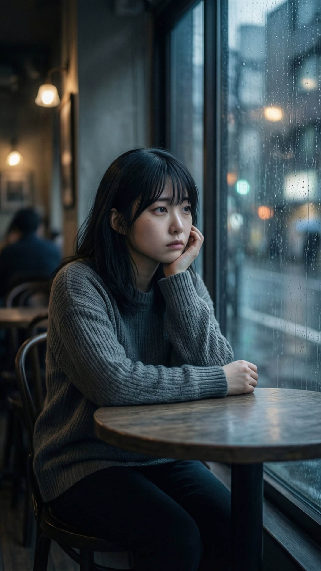 穿著灰色毛衣的年輕女子獨自坐在雨中的咖啡館望著窗外