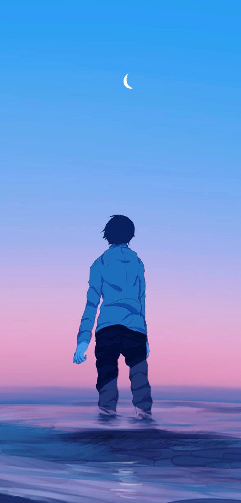 動畫男孩站在水中看著暮色中的新月。