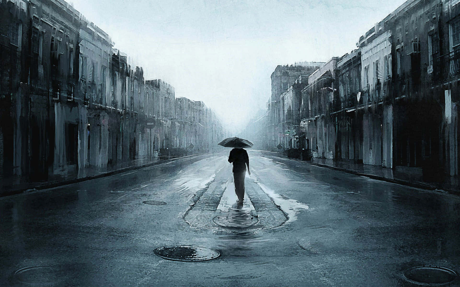 憂鬱少年行經霧氣街道 壁紙 — 一個孤獨的身影撐著雨傘，在灰濛濛的天空下，沿著兩旁高樓大廈的濕滑城市街道行走。