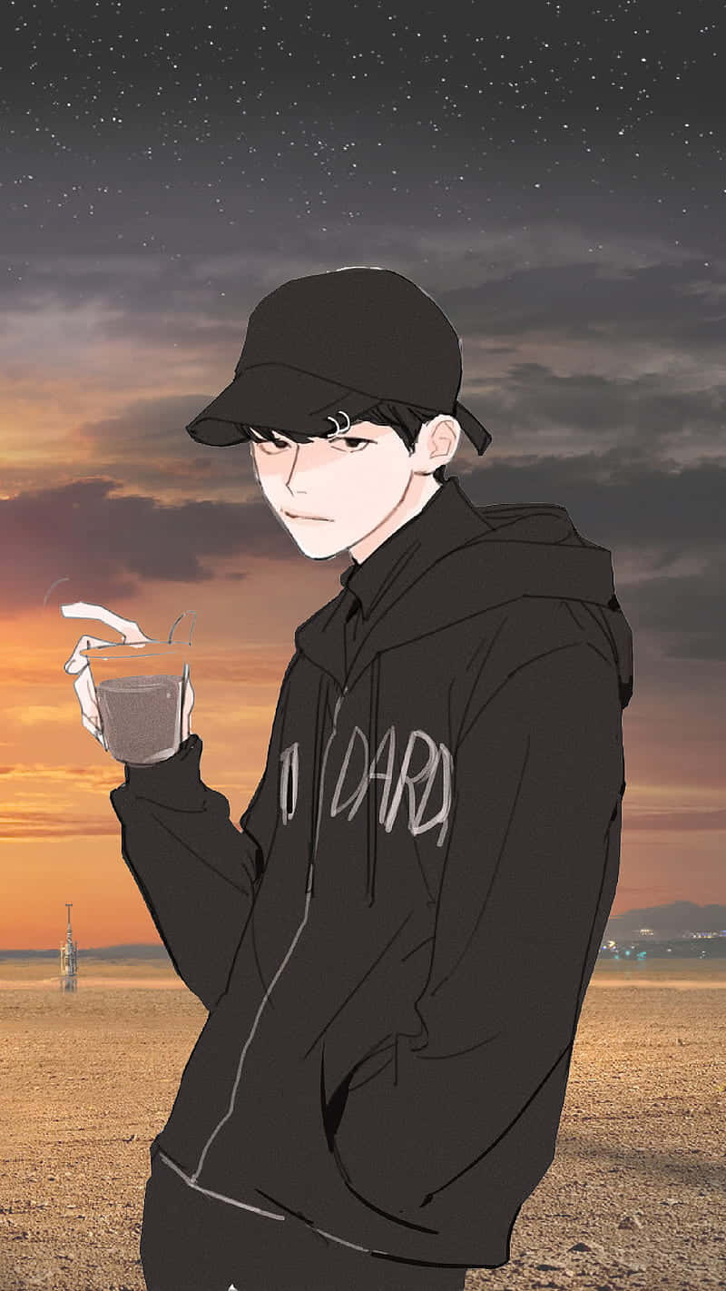穿著黑色連帽衫的年輕動漫男孩在暮色星空沙漠天空下拿著飲料。