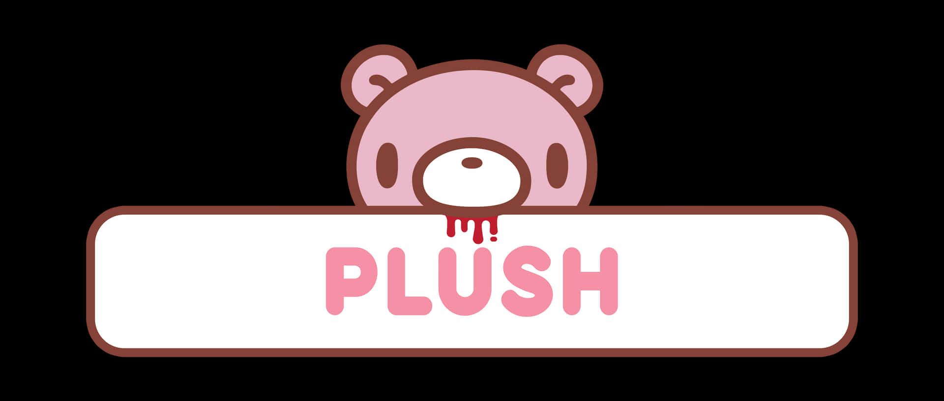 粉紅色卡通熊從一個寫著「PLUSH」且文字滴落的標誌上方探出頭來。