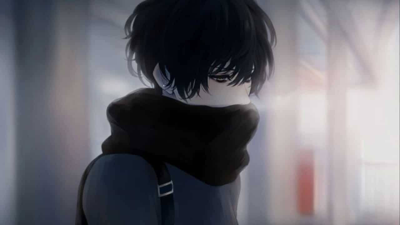 動漫男孩戴深色圍巾在昏暗室內低頭看