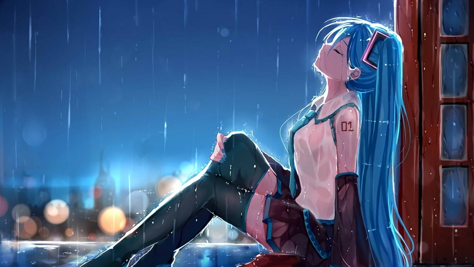 藍髮動漫女孩在雨夜坐在窗邊，背後有城市燈光。
