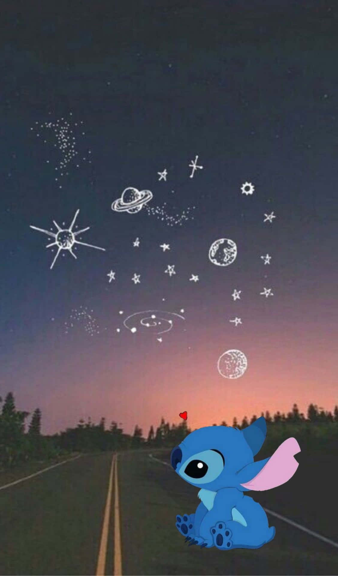 藍色外星人坐在路上，仰望有繪製天體的星空。