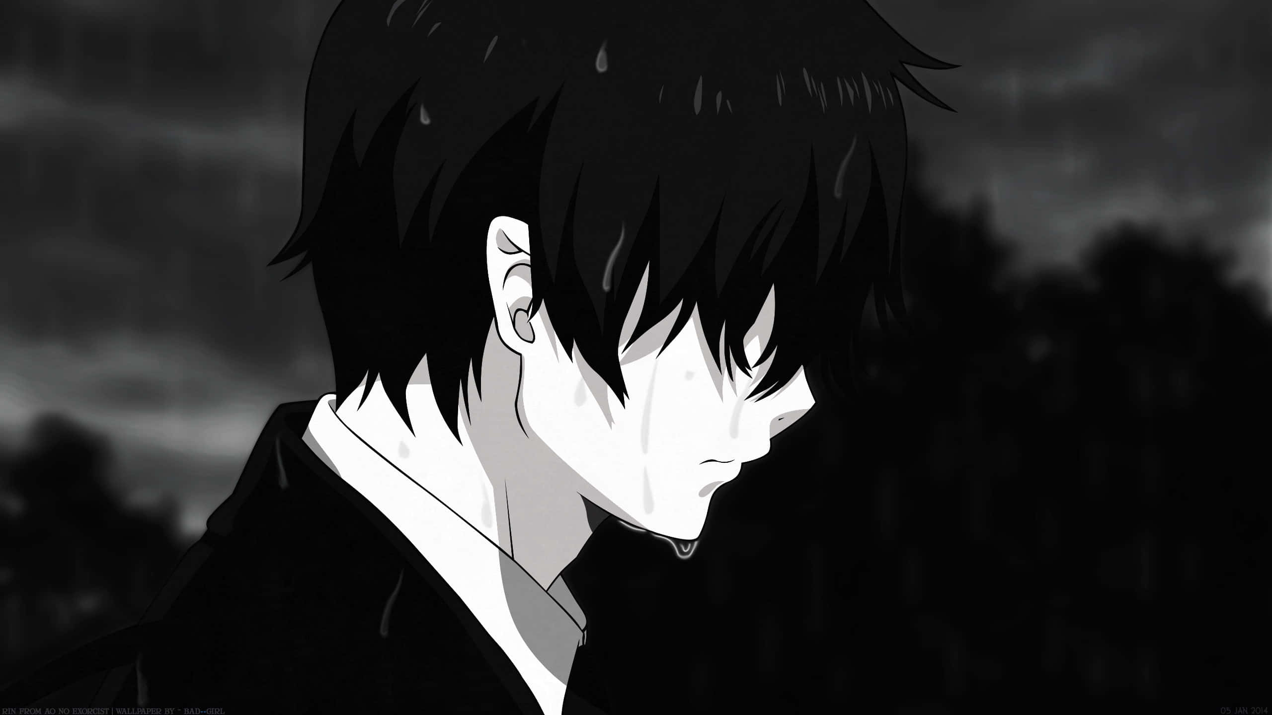 憂鬱肖像：悲傷的探索 壁紙 — 一個憂鬱的動漫男孩，黑髮，淚水劃過臉龐，站在灰階的雨中城市場景中。