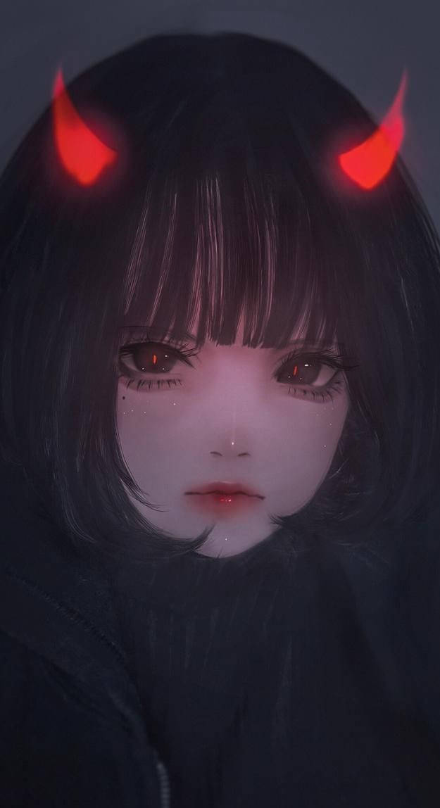 在黑暗環境中擁有發光紅色角和眼睛的動漫女孩