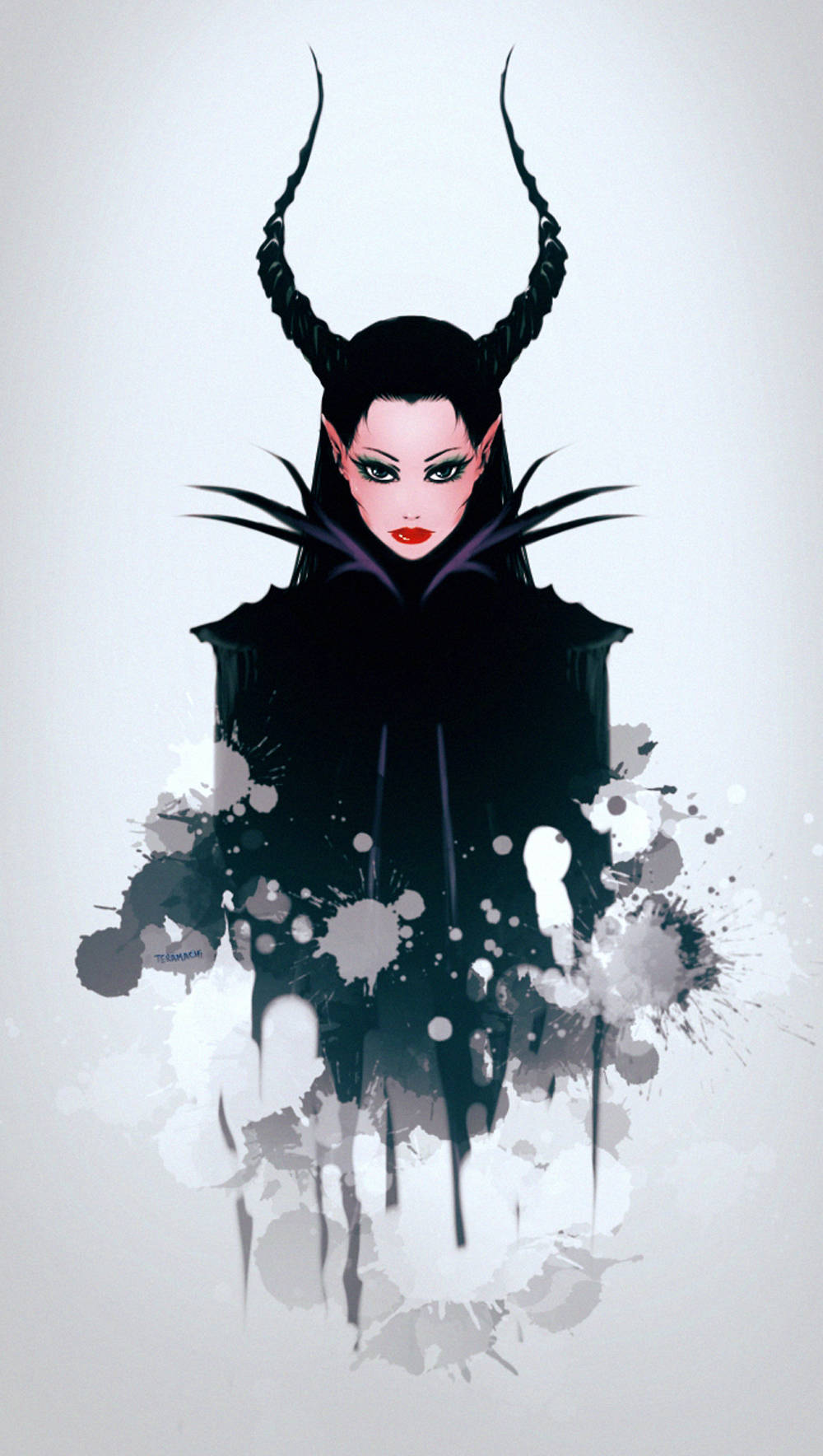 憂鬱魔法女藝術畫 壁紙 — 一個引人注目的插圖，描繪了一個深色有角的人物，紅唇和黑色斗篷，背景是灰色的潑濺效果。