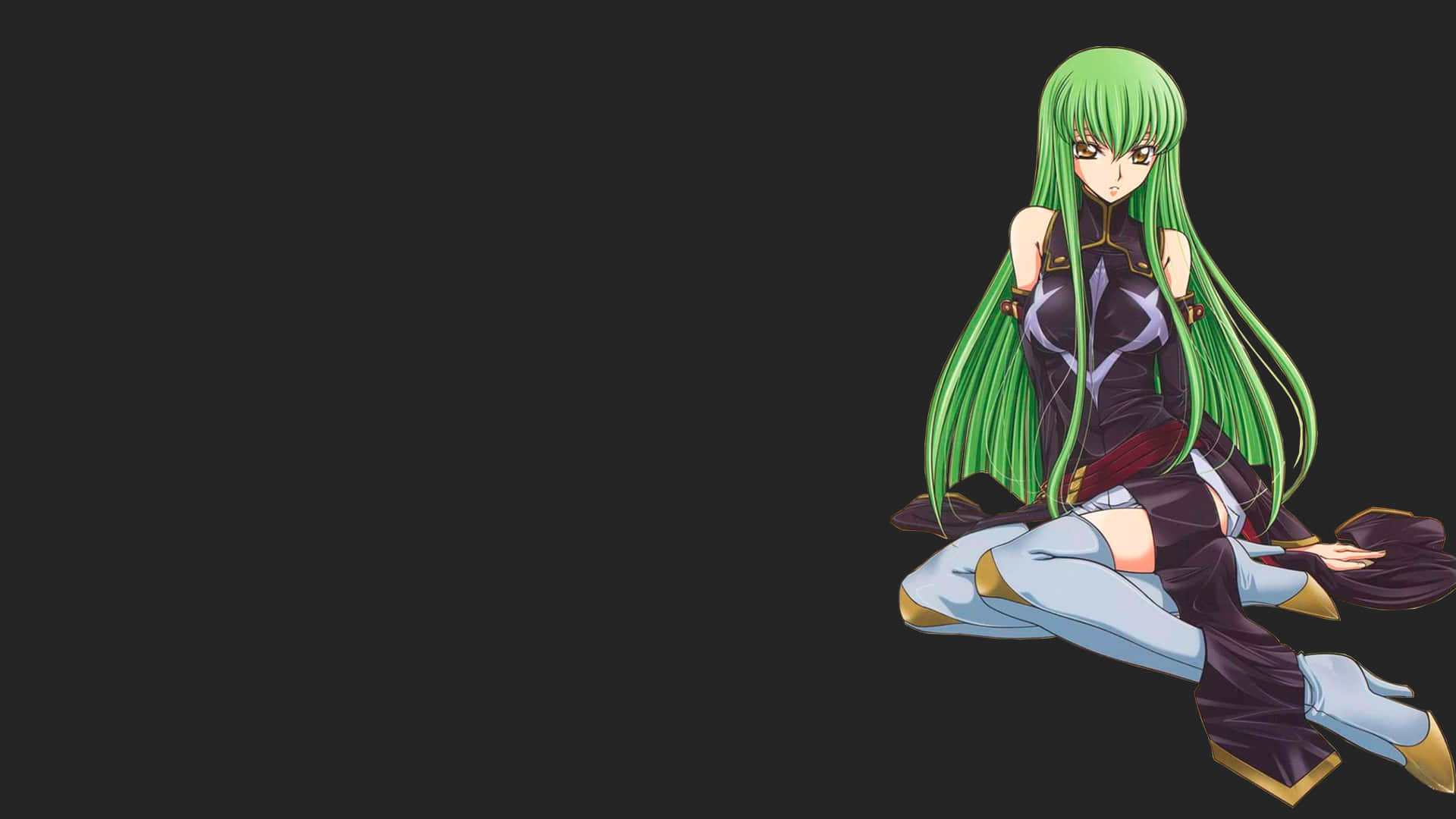 憑藉Geass之力征服世界 壁紙 — 一個綠色頭髮的動漫女孩穿著深色服裝，盤腿坐在黑色背景前，表情嚴肅。