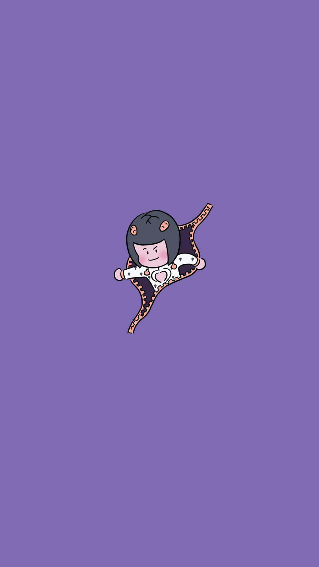 一個漂浮的卡通女孩，黑髮，心形圖案服裝，紫色背景
