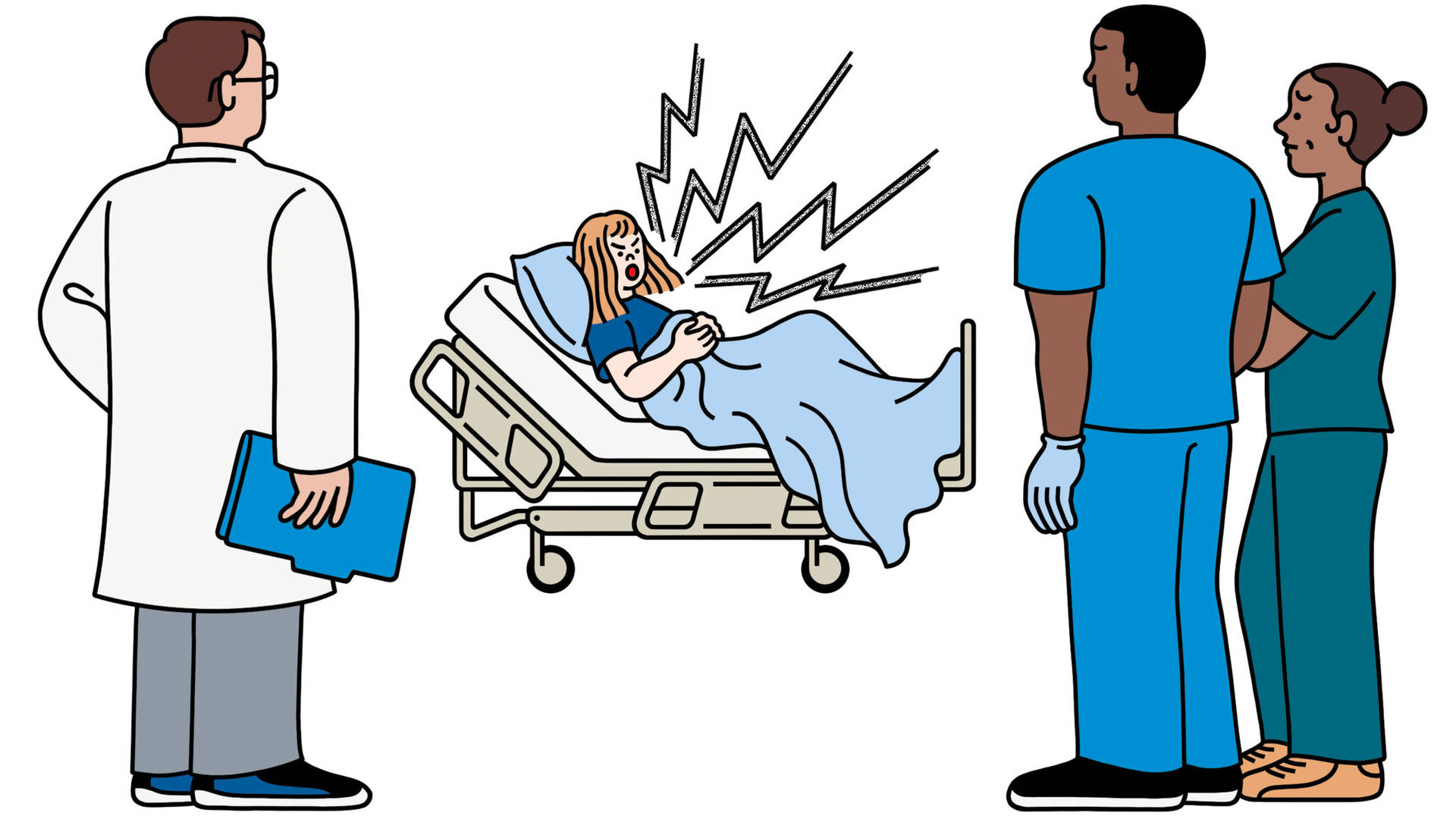 一名女性在醫院床上被醫護人員包圍，痛苦尖叫。
