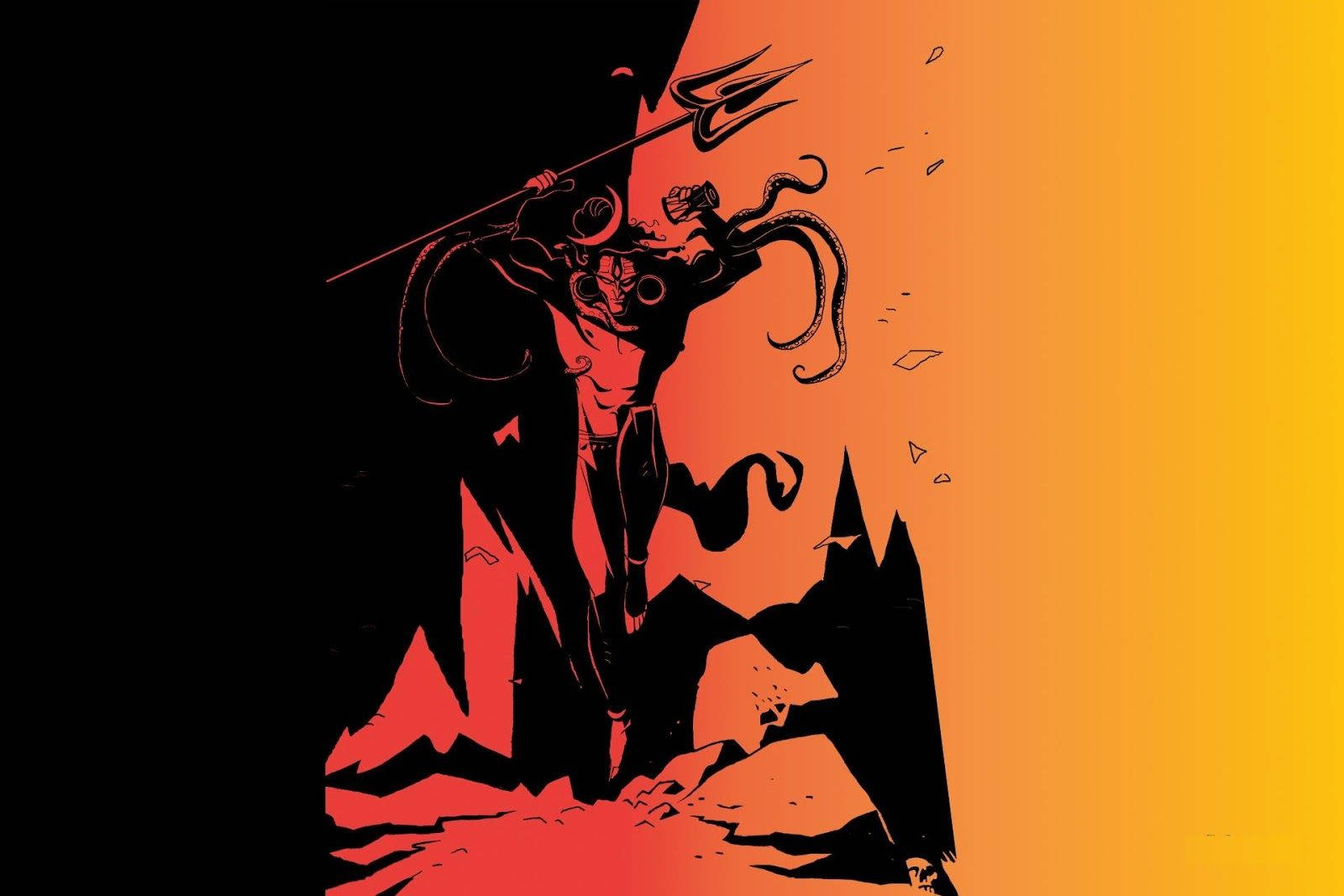 憤怒濕婆極簡藝術 壁紙 — 一個風格化的惡魔形象，有角和觸手，在熾熱的橙色和黑色漸變背景前揮舞三叉戟。