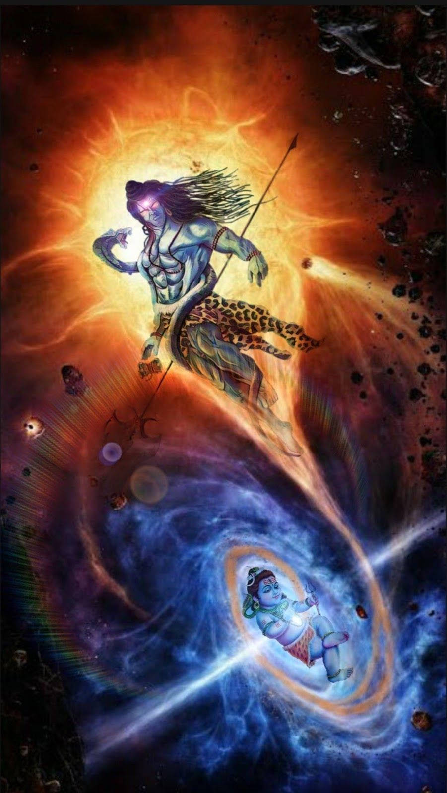 憤怒濕婆與幼年克里希那 壁紙 — 一位神聖戰士，雙眼發光，身披豹皮，在宇宙火焰和旋轉星系中揮舞長矛。