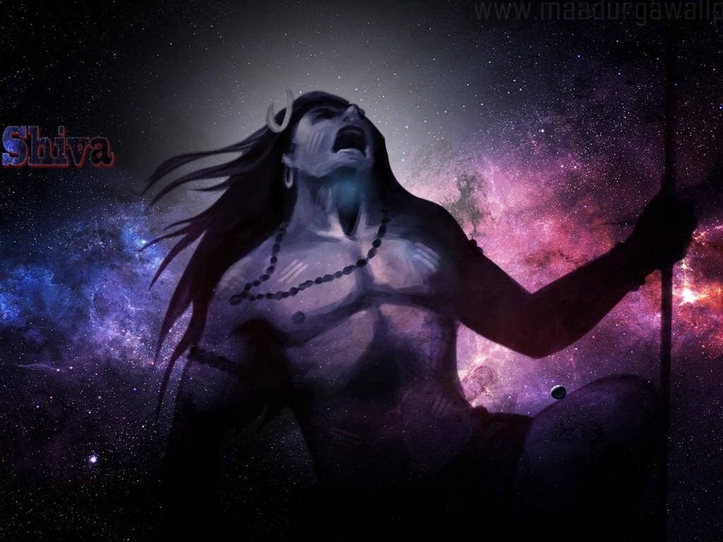 憤怒濕婆藍粉星雲 壁紙 — 一位長髮戴新月冠的宇宙神祇，對著充滿星星的紫色和藍色星雲咆哮。
