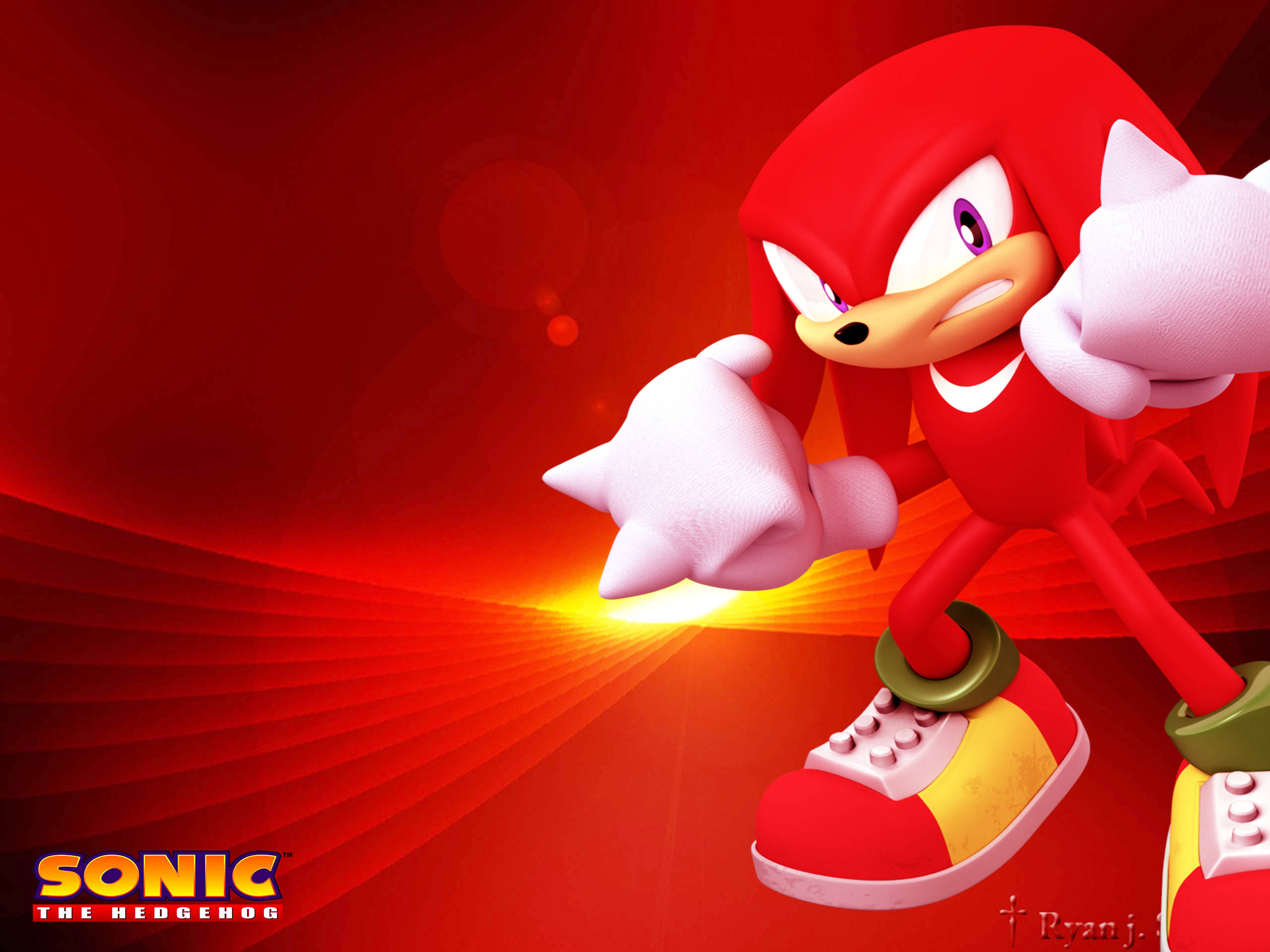 憤怒的 Knuckles the Echidna 行動瞬間 壁紙 — 紅色刺蝟 Knuckles 在發光的紅色背景和放射光線中動態站立。