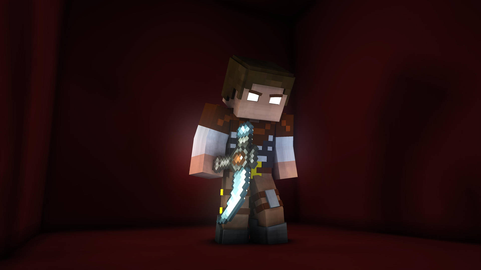 Minecraft角色在暗紅色房間中手持發光鑽石劍
