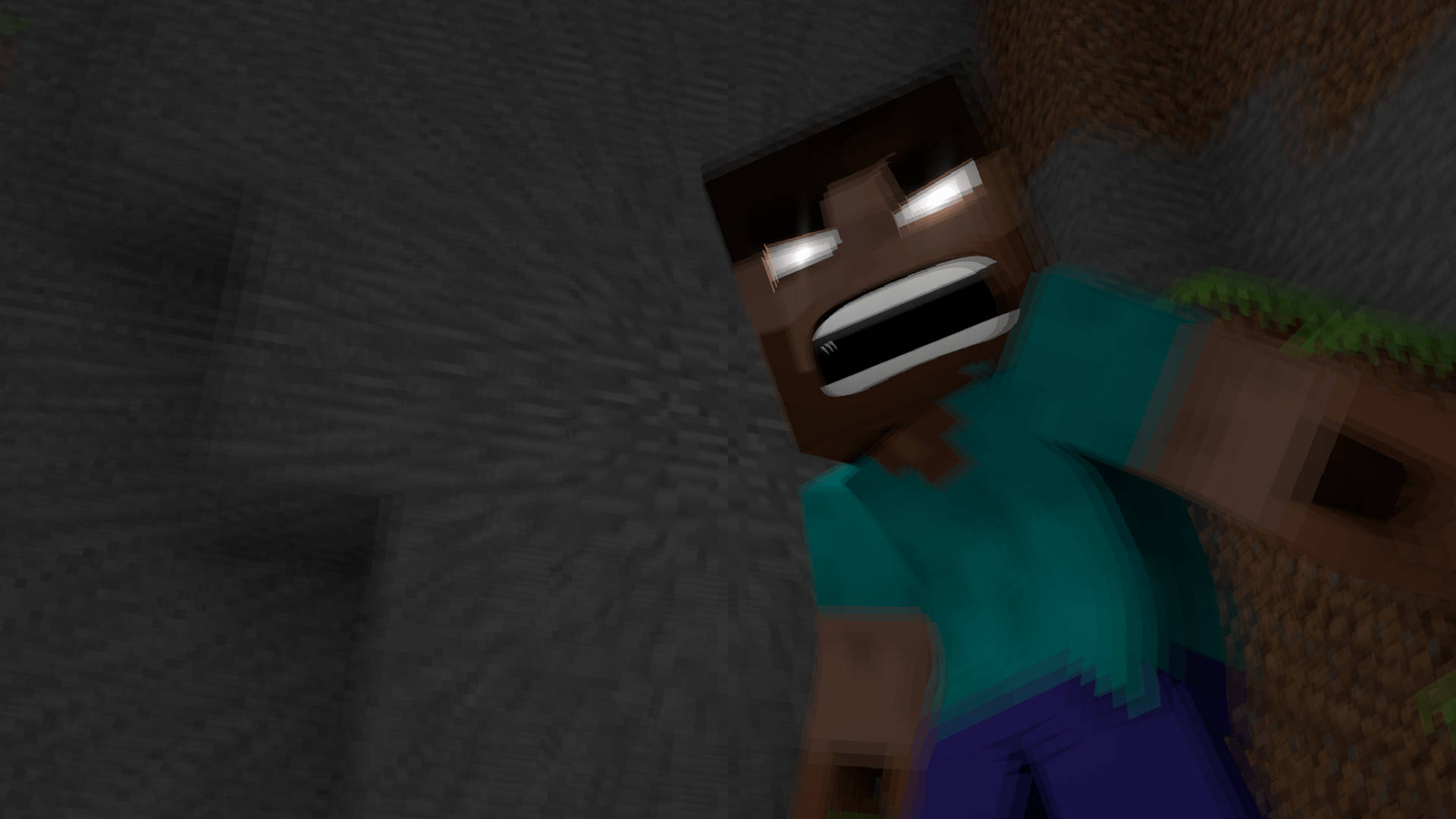 像素化的Minecraft喪屍，眼睛發光，從石塊中出現。