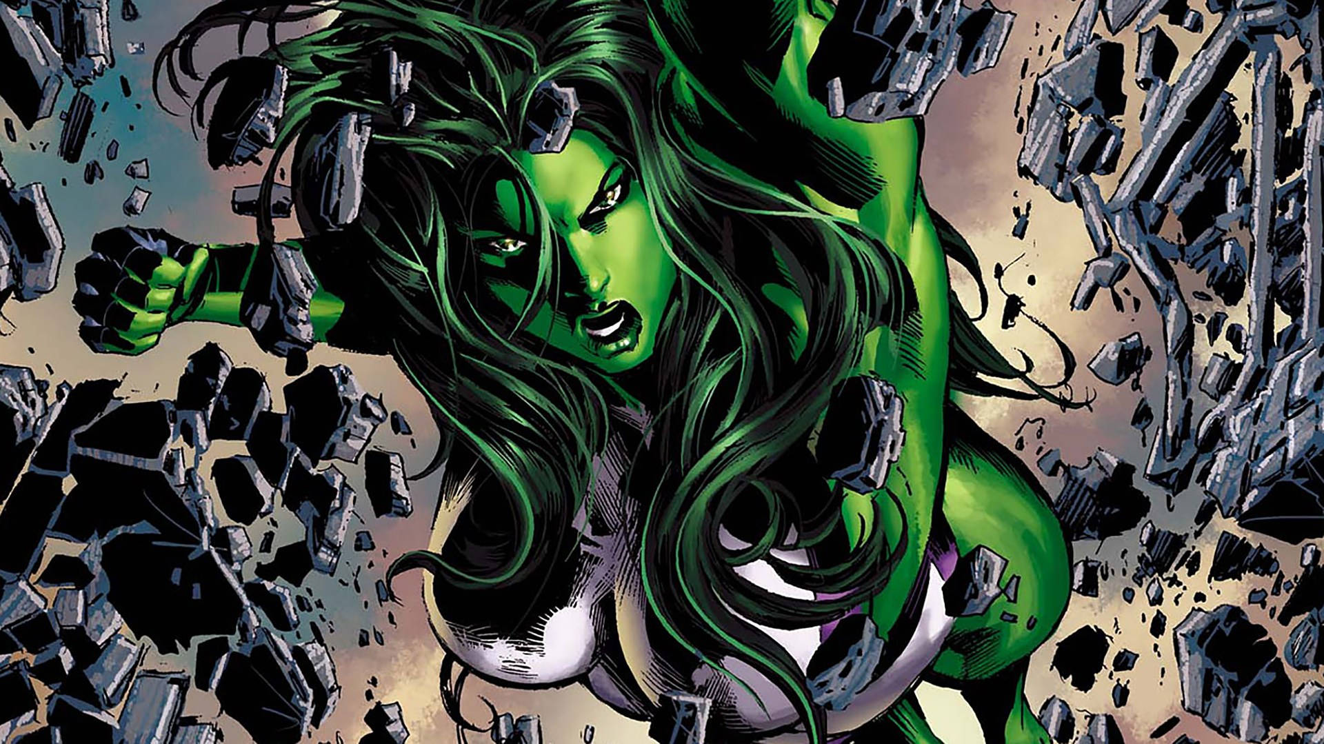 She-Hulk以兇猛的表情突破混凝土。