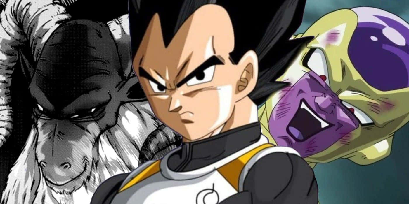 Vegeta And Frieza 桌布 壁紙 — 憤怒的動漫戰士比達站在中央，身後有威脅性的對手菲利和黑白猩猩。