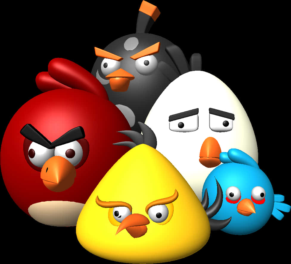 憤怒的小鳥群像 壁紙 — 五個色彩繽紛的Angry Birds角色帶著憤怒的表情站在黑色背景前。