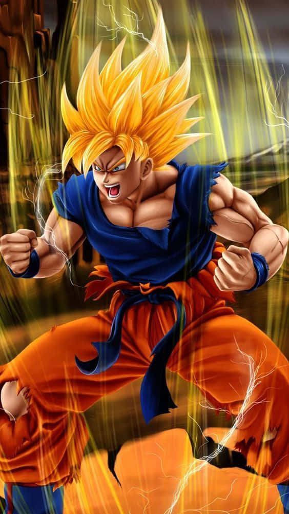 動漫角色悟空以超級賽亞人形態出現，周圍有閃電能量。