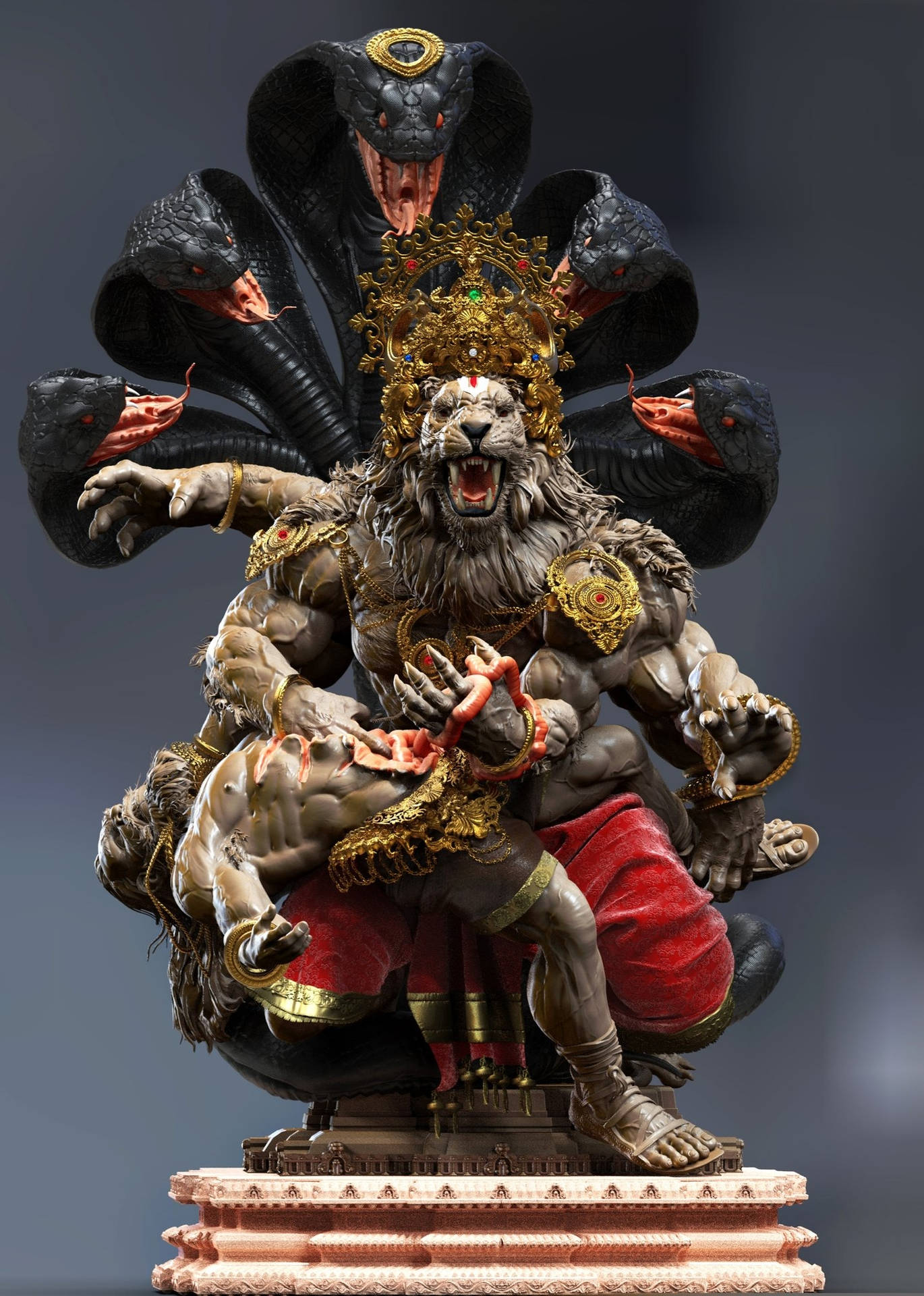 獅頭印度教神祇踩著惡魔，周圍有七條眼鏡蛇。