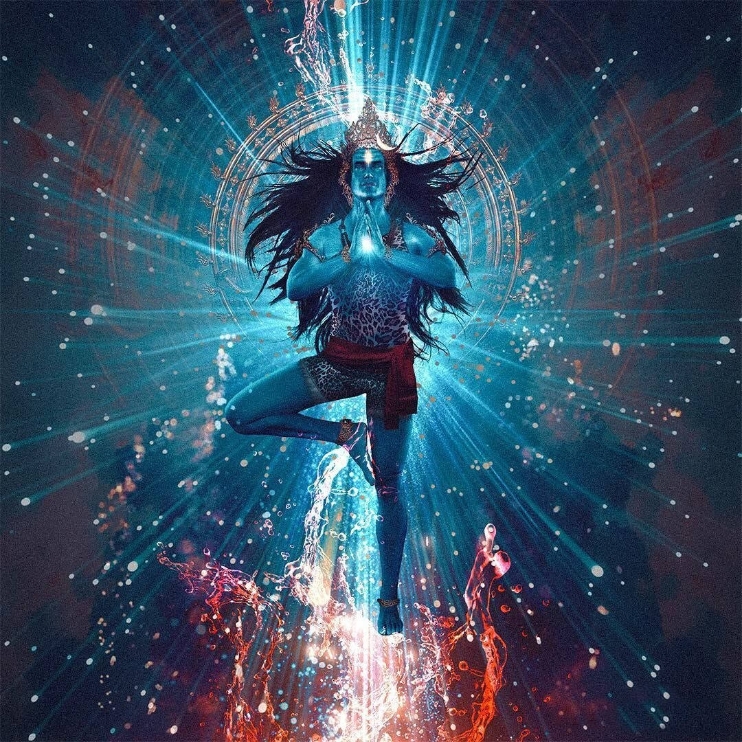藍皮膚神祇以樹式姿勢，在宇宙能量漩渦上方從雙手散發光芒。