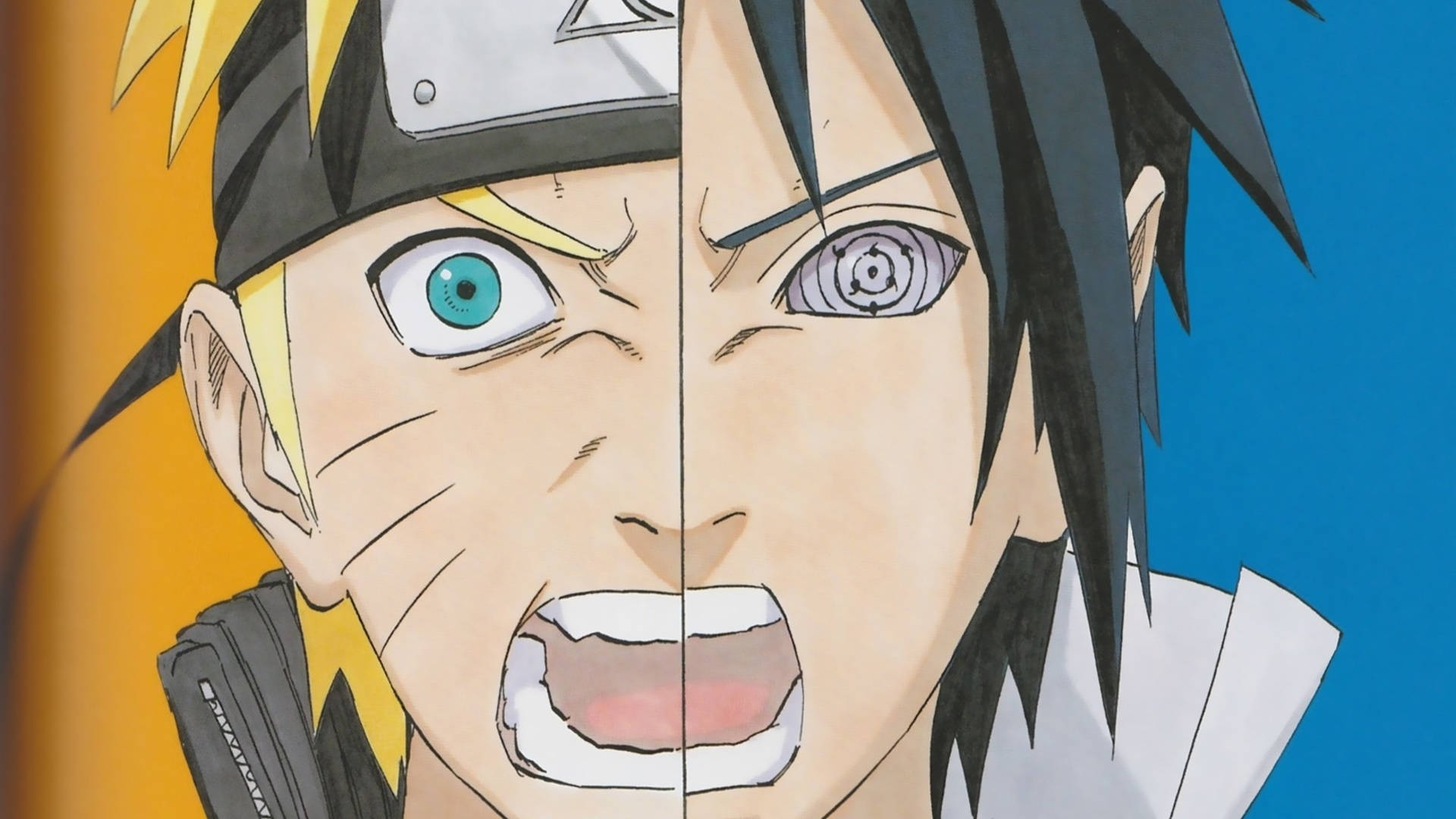 動畫角色 Naruto 和 Sasuke 以強烈表情大喊分面