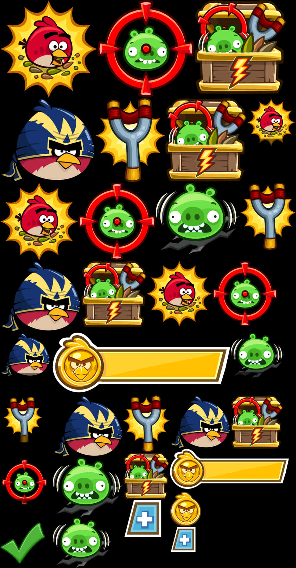 《憤怒鳥》角色與圖示 壁紙 — 鮮豔的Angry Birds遊戲精靈，包括紅鳥、藍鳥、綠豬和彈弓，背景為黑色。