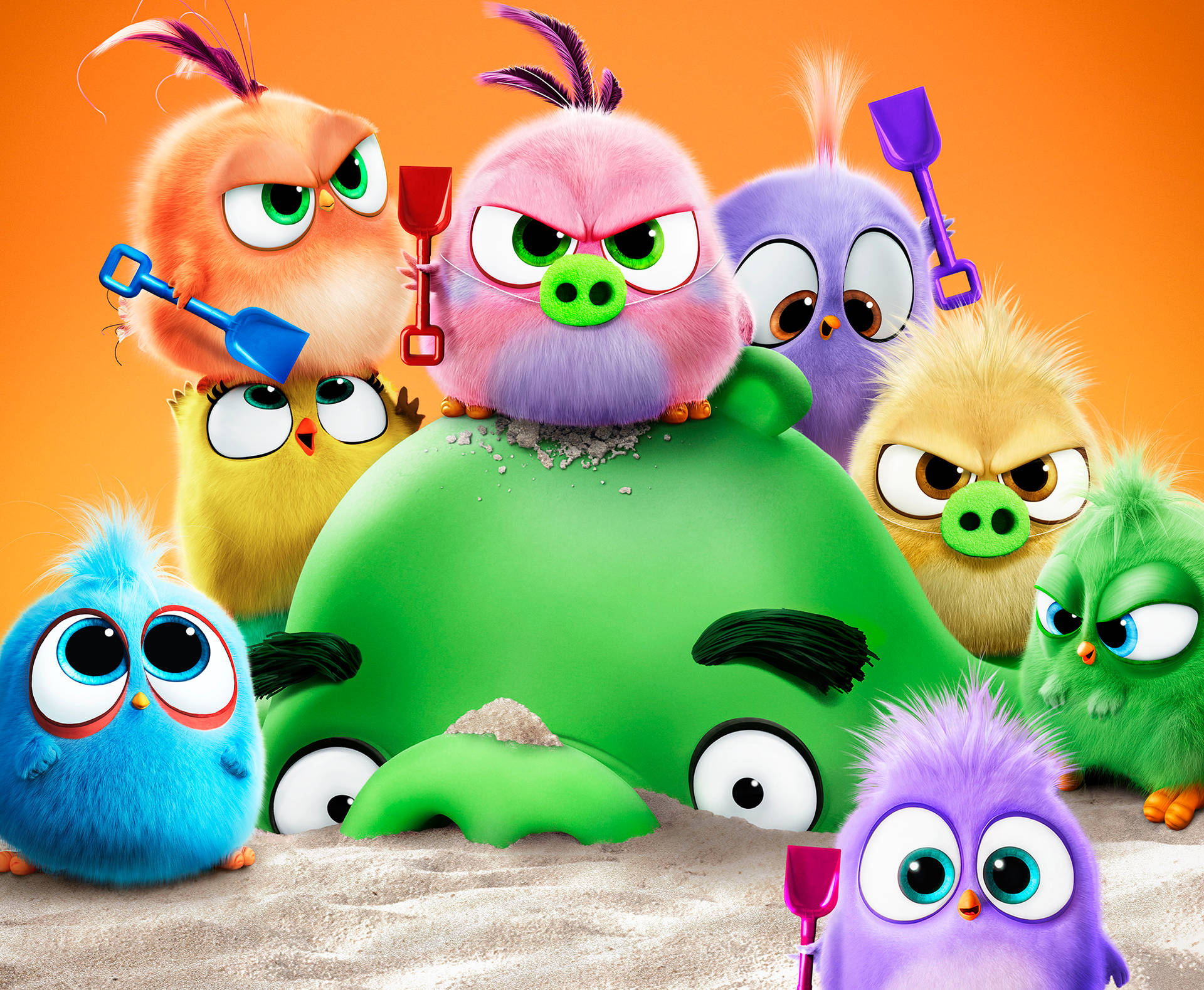 Angry Birds 角色用鏟子圍繞著埋在沙中的綠豬。