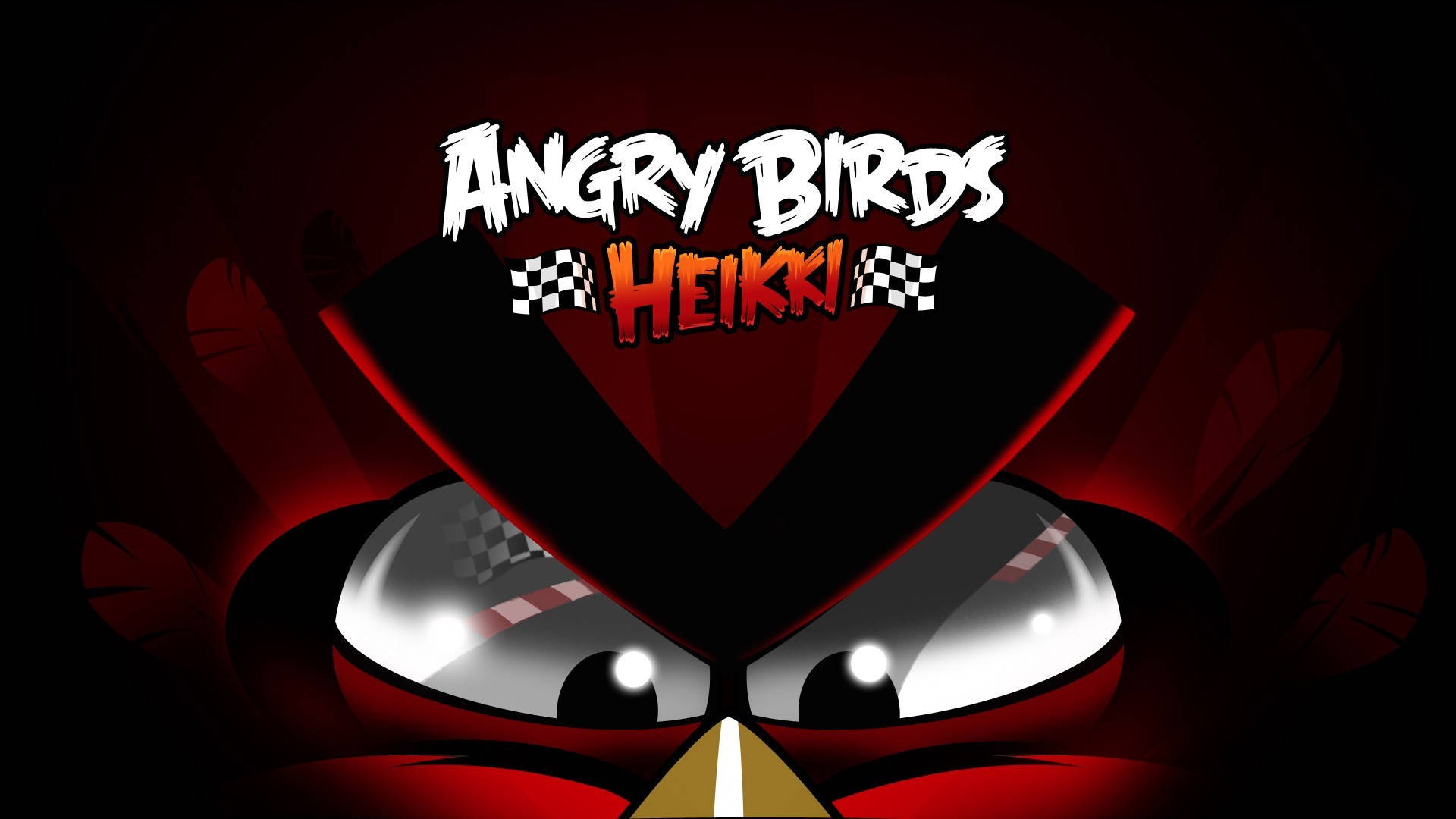 憤怒鳥Heikki 壁紙 — 一個紅色 Angry Birds 角色的特寫，帶有發光的眼睛和賽車格紋裝飾，背景為深紅色。