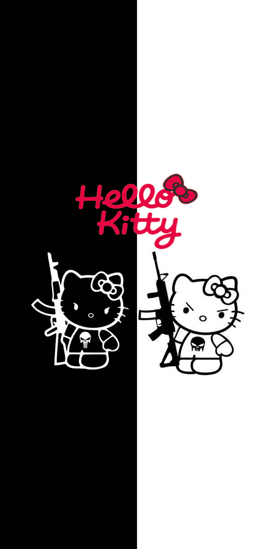 Hello Kitty 持步槍分開在黑白背景上，帶有紅色標誌。