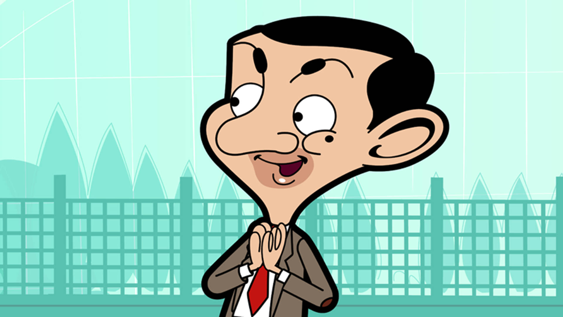 憨豆先生動畫系列 2002 壁紙 — Mr Bean 卡通角色穿著西裝和紅色領帶，在帶有圍欄和建築物的青綠色網格背景上愉快地微笑。