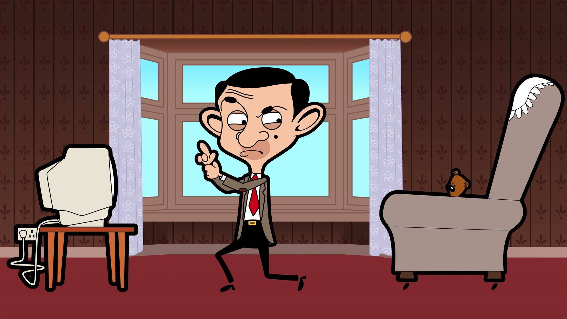 Mr. Bean 喺卡通客廳入面憤怒咁指住一部復古電腦。